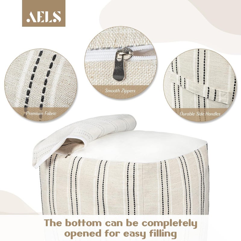 AELS Unstuffed Farmhouse Pouf Cover for Living Room, Boho Storage Bean Bag Cubes, Beige with Black Stitch Yarn Dyed Stripe Square Ottoman Pouf Foot Rest Footstool, 18"x18"x18", Cover ONLY - Image 5